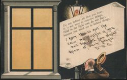 Man Reading Scroll by Window and Street Lamp, 'See to Believe Postcard
