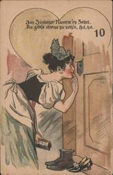 Mischievous Woman Peeking Through Keyhole, Room 10, German Text Postcard