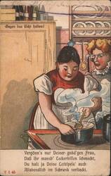Women Cooking in Kitchen with Humorous German Poem about Favorite Food Postcard