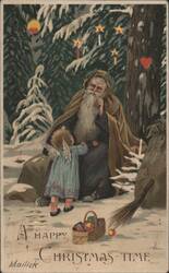 HTL Santa Claus with Angel Child in Snowy Forest, A Happy Christmas Time Postcard