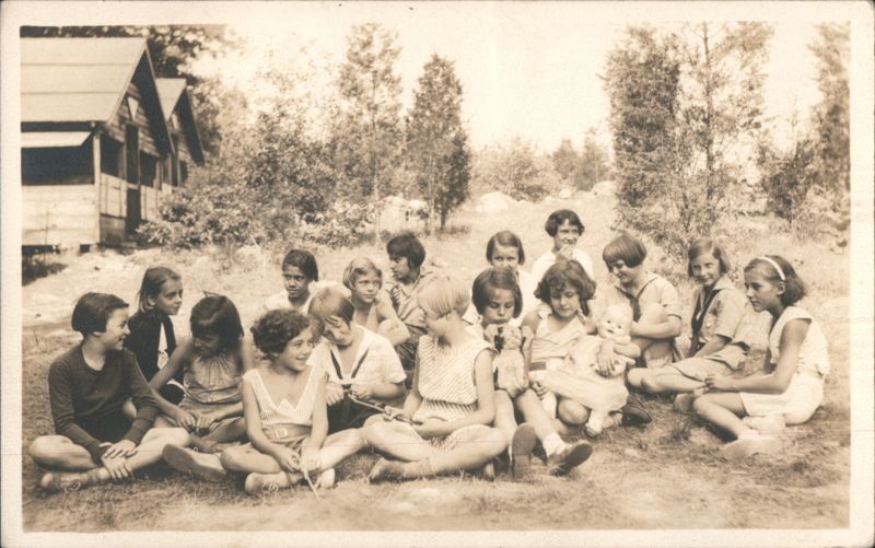 Group of Girls Outdoors at Camp, Rustic Building Background