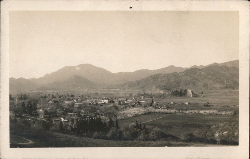 Panoramic View of Valley Town, Mountains, and Fields Calistoga California