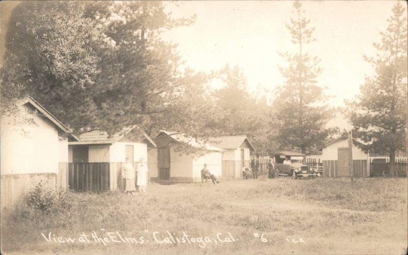View at the Elms, Cabins, People, and Automobile Calistoga California