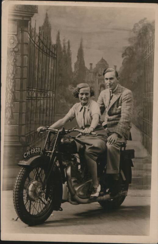 English Couple on Motorcycle, 1933 Studio Portrait Blackpool United Kingdom
