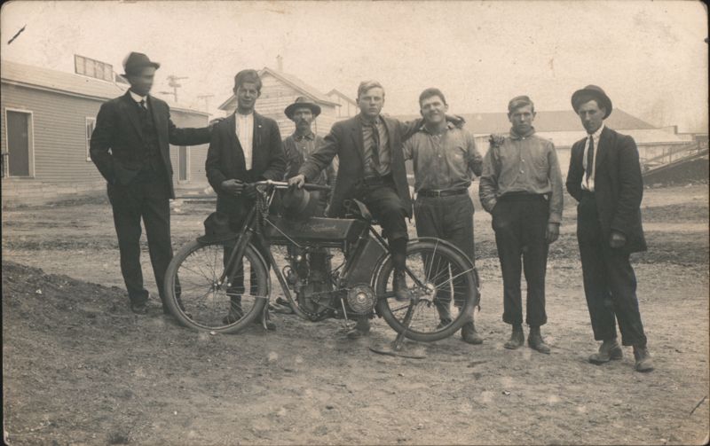 c1910 Group of Men with Reading Standard Motorcycle