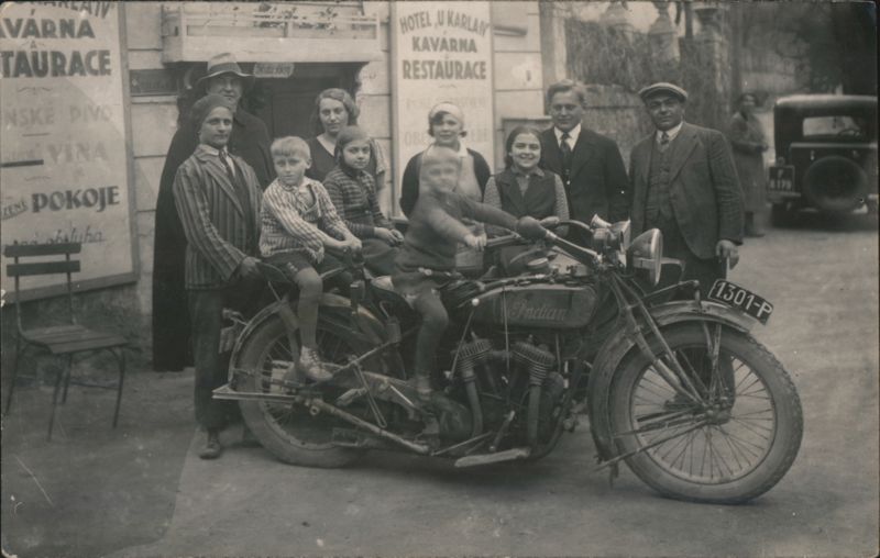Family Group with Indian Motorcycle, Prague Czechoslovakia