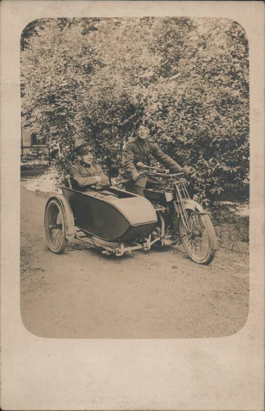 Two Men in Uniform on Motorcycle with Sidecar World War I