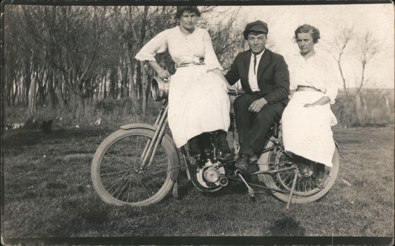 c1910 Two Women and Man with Early Motorcycle Motorcycles