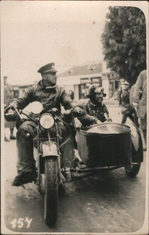 1928 Men on Motorcycle with Sidecar, Uniforms People in Uniform