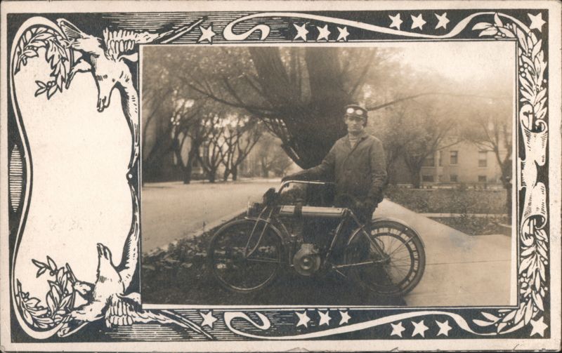 Man in Goggles with Motorcycle, Ornate Border Motorcycles