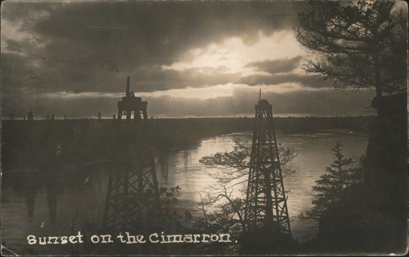 Sunset on the Cimarron River, Oil Derricks