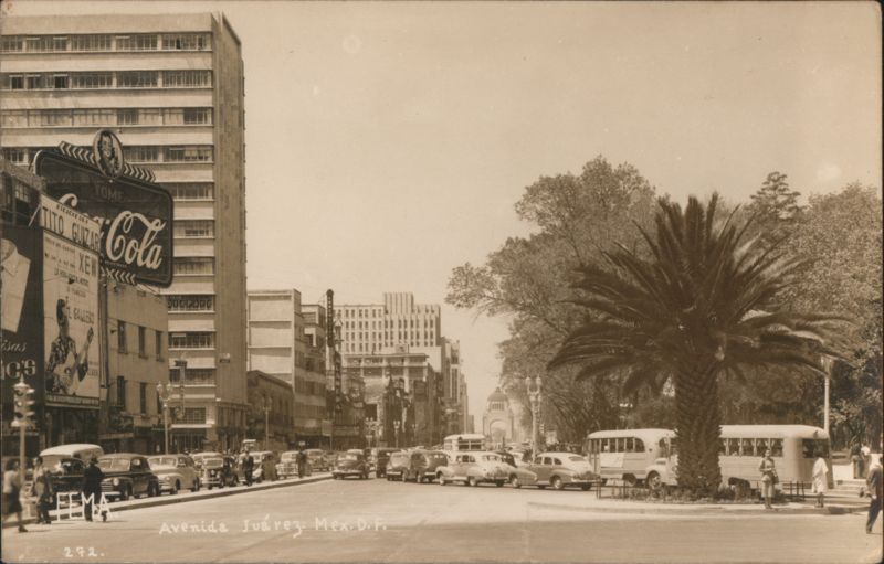 Avenida Juárez, Coca-Cola sign, cars, palm tree