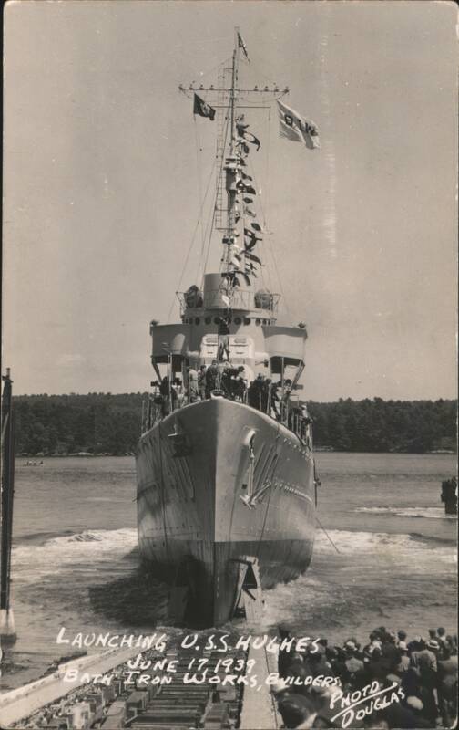 Launching U.S.S. HUGHES, Bath Iron Works, 1939 Maine