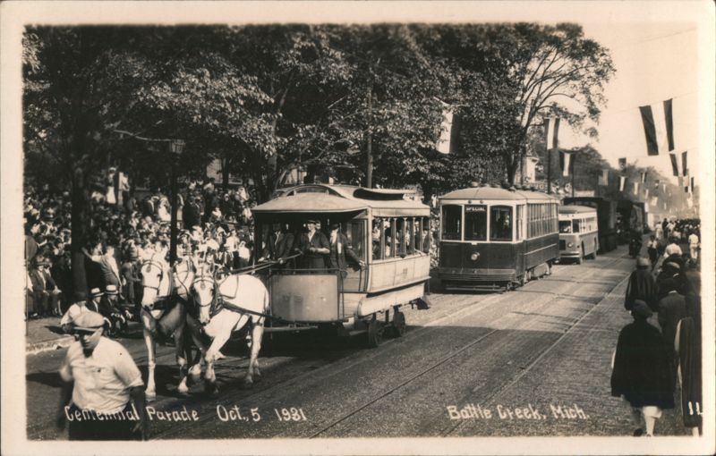 Centennial Parade, Oct 5 1931, Floats & Streetcars Battle Creek Michigan