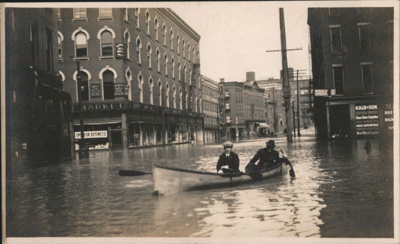 Genesee River Flood Front St Market St., Men in Canoe Rochester New York