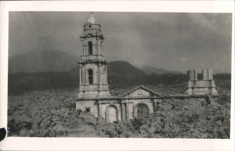 Church engulfed by lava flow, bell tower standing