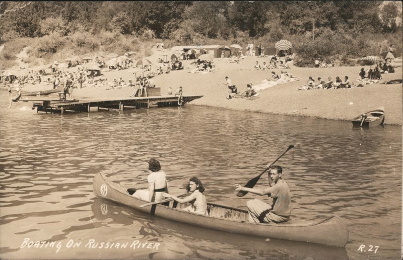 Boating on Russian River, Beach with People and Tents Santa Rosa California