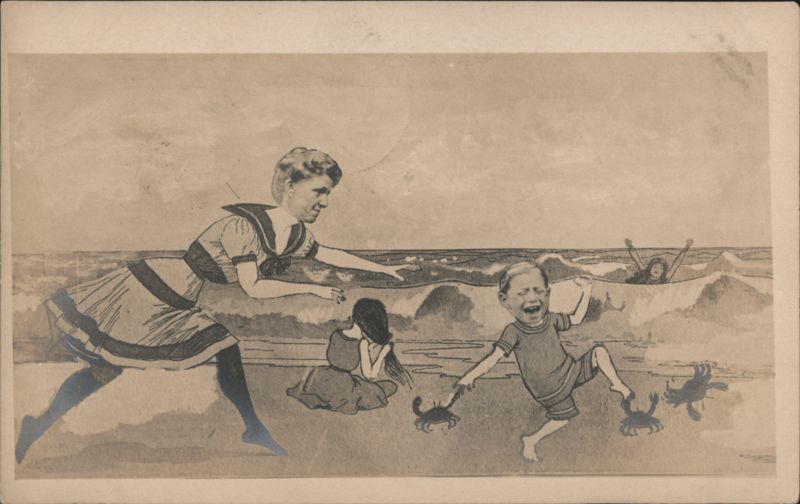 Heads-Through-Holes Humorous Beach Scene with Crabs