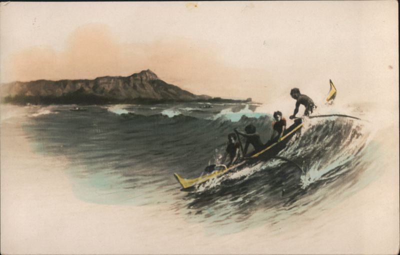 1911 Tinted Outrigger Canoe Surfing, Diamond Head, Honolulu