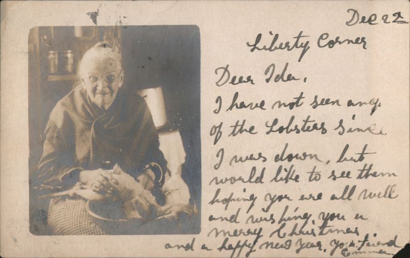 Elderly Woman Holding Plucked Bird, Christmas Message Liberty Corner New Jersey