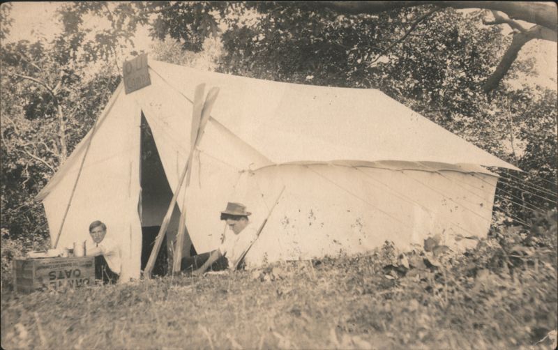 Men at Old Camp Tent, Quaker Oats Crate, Irvington, NY New York
