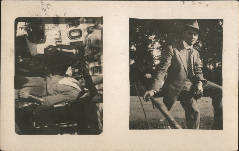 Man in Suit & Hat with Stick, Man Lying Down