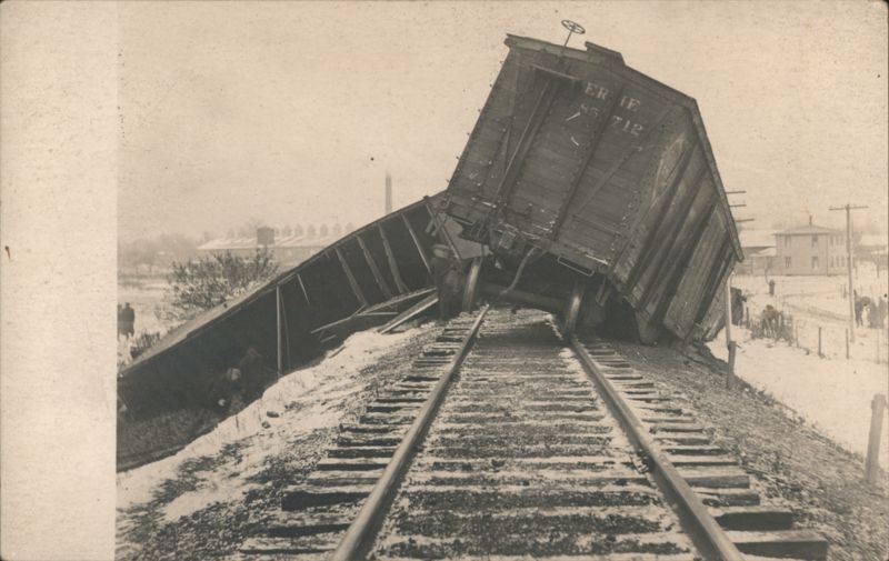 ERIE Boxcar Derailment on Snowy Tracks, Winter Scene