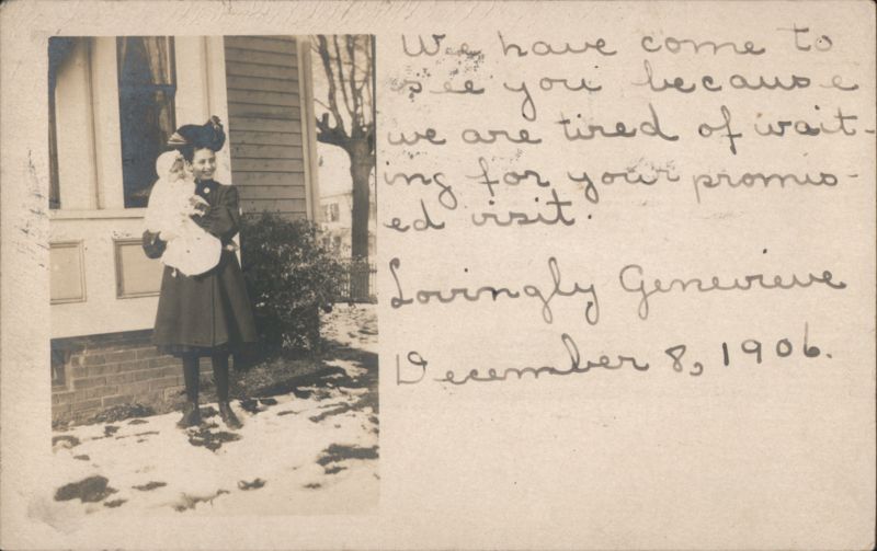 1906 Woman holding baby in snow, Lovingly Genevieve Chicopee Massachusetts