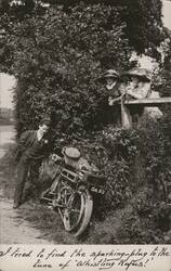 Men & women with motorcycle, 'Whistling Rufus' spark plug Postcard