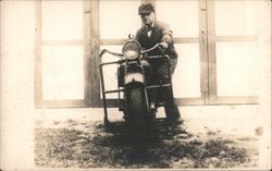Man in Cap on Indian Motorcycle with Sidecar Postcard