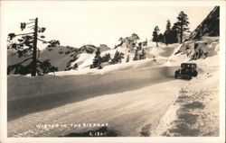 Winter in the Sierras, Snowy Mountain Road with Car Postcard