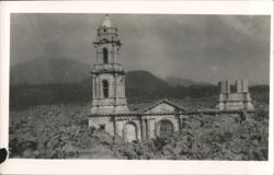 Church engulfed by lava flow, bell tower standing Postcard