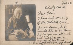 Elderly Woman Holding Plucked Bird, Christmas Message Postcard