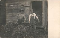 Two Farmers with Rakes and Hay by Wooden Barn Postcard