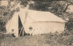 Men at Old Camp Tent, Quaker Oats Crate, Irvington, NY Postcard