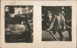 Man in Suit & Hat with Stick, Man Lying Down Postcard