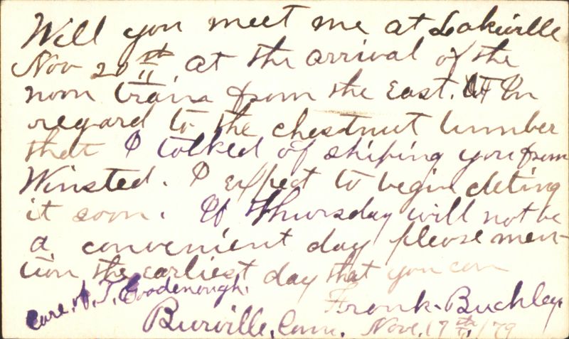 Frank B. Buckley Letter Regarding Chestnut Lumber, Burrville Torrington Connecticut