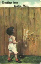 Greetings from Boston: Child Painting Skeleton Figures on Fence Postcard