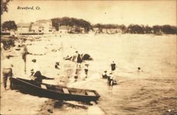 Branford, Ct. Beach Scene with People and Boat Postcard