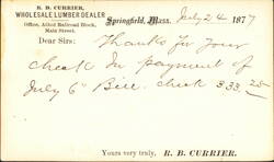 R. B. Currier Wholesale Lumber Dealer Thank You Note 1877 Postcard