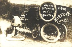 Car with 'WE ARE STOPPING' Sign, Norfolk, CT Postcard