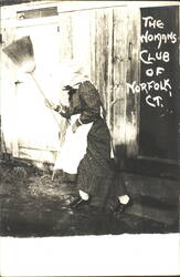 Woman with Broom at Woman's Club, Norfolk, CT Postcard