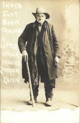 Old Man with Walking Stick, Hat, Coat - Walk Around Canaan, CT Postcard