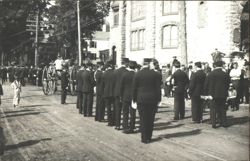 Firemen in Formation & Horse-Drawn Wagon, Stone Building Postcard