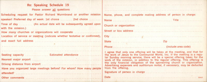 Rev. Richard Wurmbrand Speaking Schedule Request Form