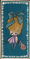 Girl with Blue Bow & Pink Flower, Striped Dress Large Format Postcard