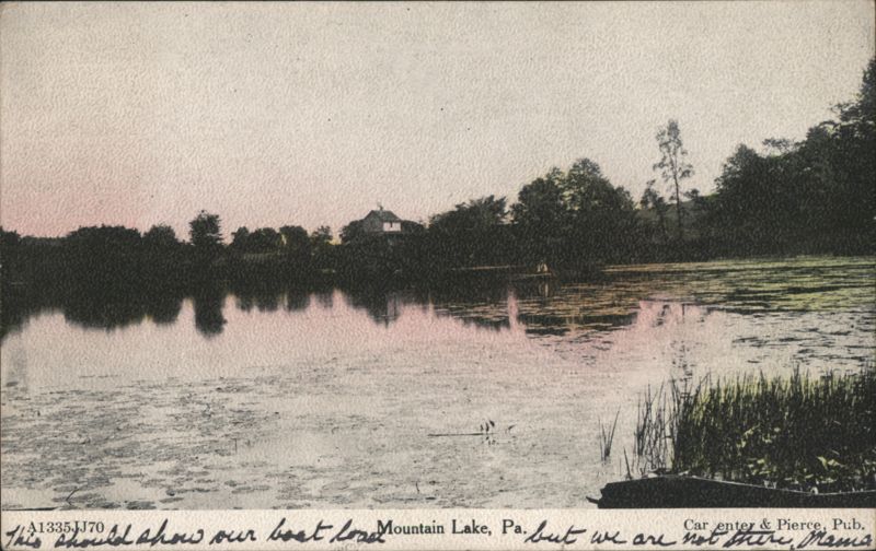 Mountain Lake, PA - Boat Load on Water, Trees, Building