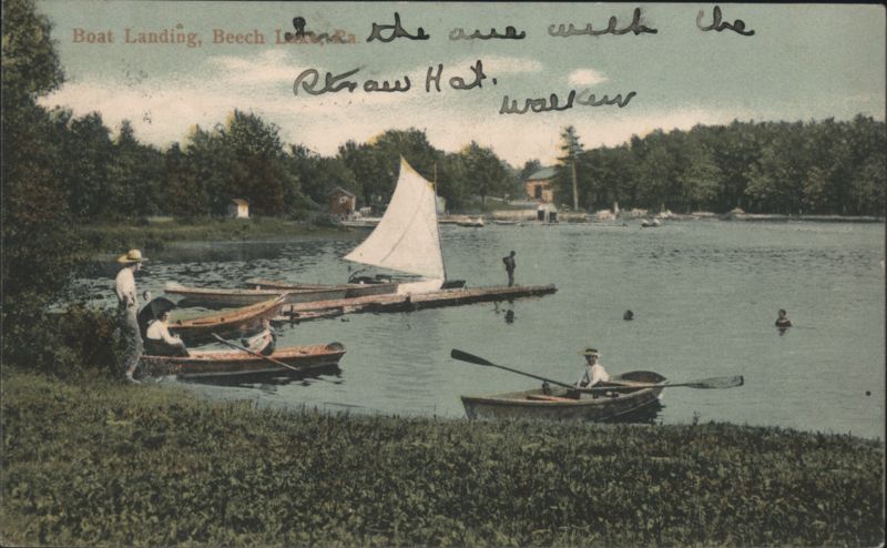 Boat Landing, Beech Lake, Man in Straw Hat Hawley Pennsylvania