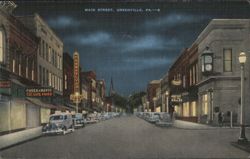 Main Street, Greenville, PA at Night Postcard