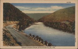 Greetings from Stevensville, PA - River, Road, Mountains Postcard